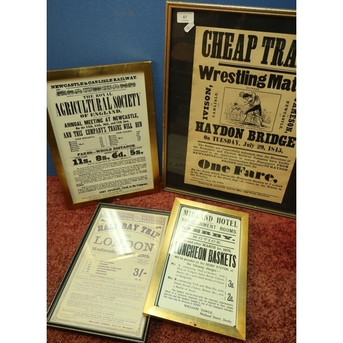 87 - Selection of four framed and mounted notices/displays including Half Day Trip Brighton Railway, Midl... 