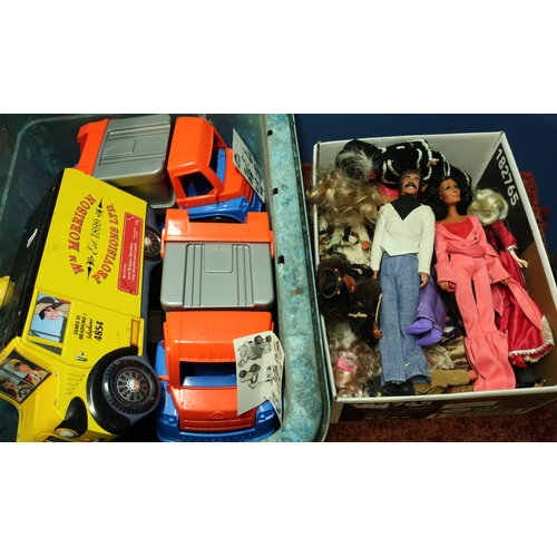 208A - Box containing a selection of various plastic and metal lorries, cars etc and another box containing... 