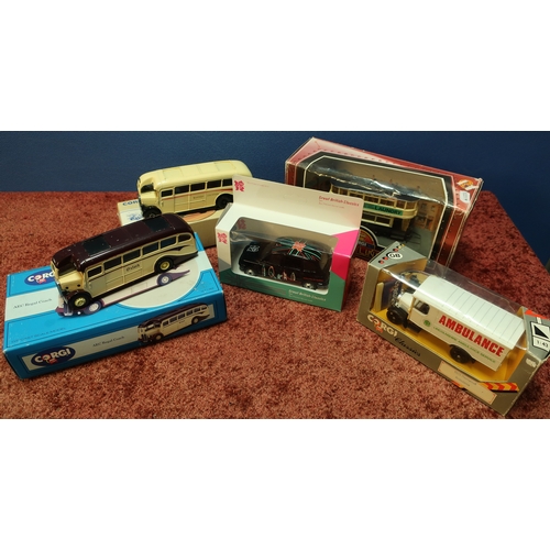 259 - Boxed Corgi AEC Regal Coach, another coach, Corgi Tramlines, Corgi Classic Ambulance and Great Briti... 