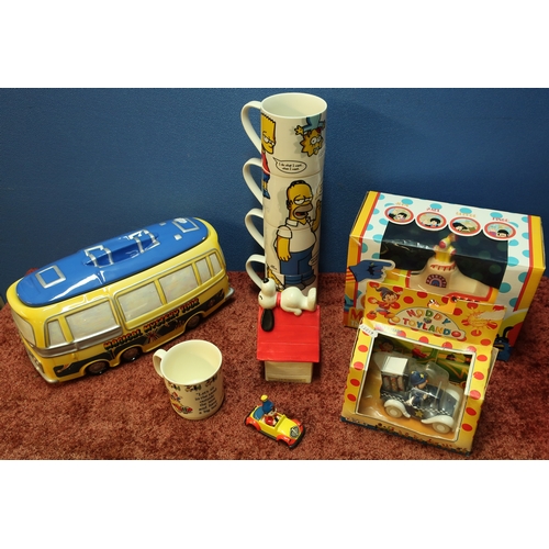 260 - Magical Mystery Tours ceramic bus, Beatles Yellow Submarine money box, Snoopy, Noddy, Simpsons stack... 