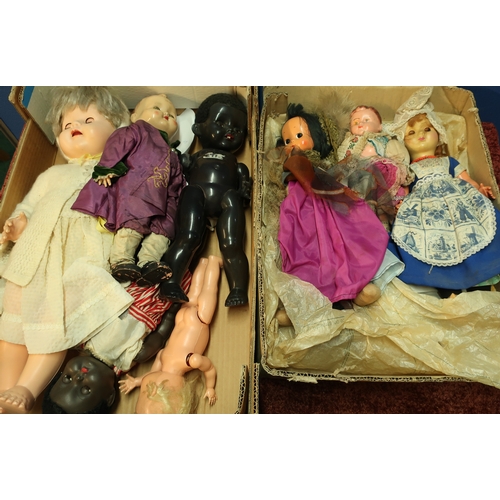 216 - Five circa 1950s hard plastic dolls and three other vintage costume dolls including a celluloid base... 