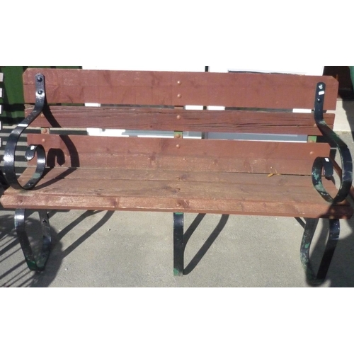 125 - Wooden garden bench with curved metal arms and three legged support