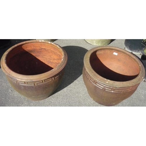 142 - Two large terracotta pots with Greek style border