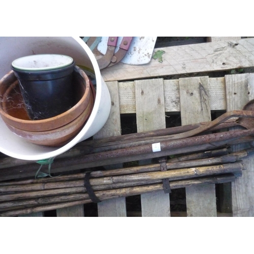 166 - Small amount of vintage tools with set of chimney sweeps, drainage rods, buckets and terracotta pots