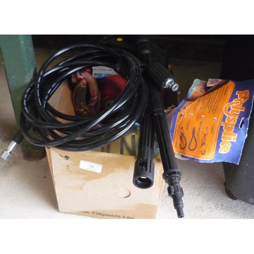 18 - Box containing a brand new lance and hose for power washer, a tow rope, ratchets and straps