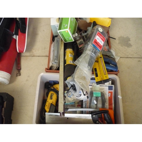 88 - Two boxes of tools including saws, Yale locks, hammers, electric sander, etc