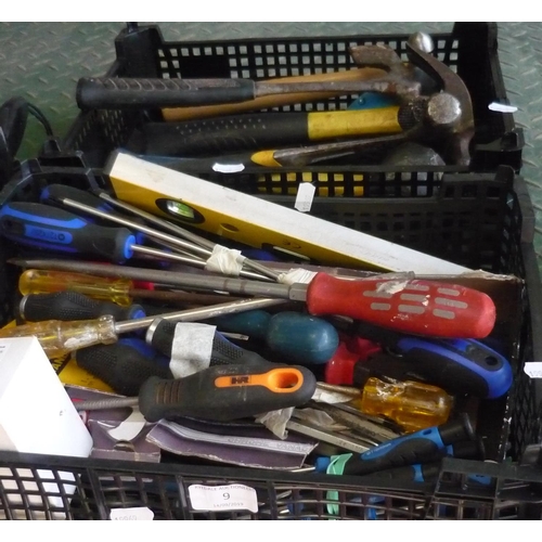 9 - Two boxes containing a large amount of screwdrivers, and various styles of hammers