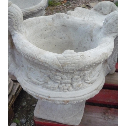 201 - Concrete garden urn on base with decorative handles