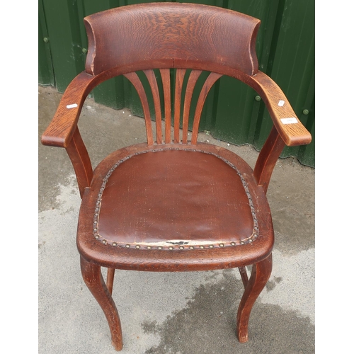 235 - Edwardian oak office style armchair with leatherette seat and H shaped under stretcher