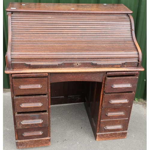 238 - Edwardian oak twin pedestal roll top desk (width 106cm)