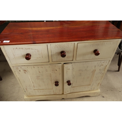 240 - Painted side cabinet with three drawers above two cupboard doors (width 90cm)