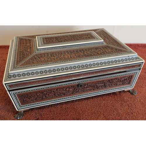 10 - Late 19th C Anglo-Indian ivory inlaid sewing box with hinged rectangular top, carved hardwood panels... 