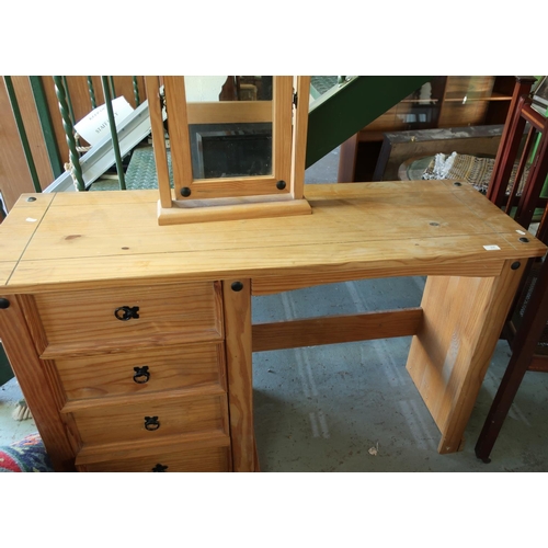 104 - Modern pine single pedestal dressing table with free standing mirror and four drawers (width 132cm)