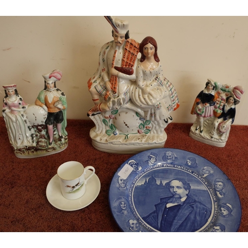 11 - WITHDRAWN: Box containing three Staffordshire type figures, a Charles Dickens Royal Doulton plate an... 