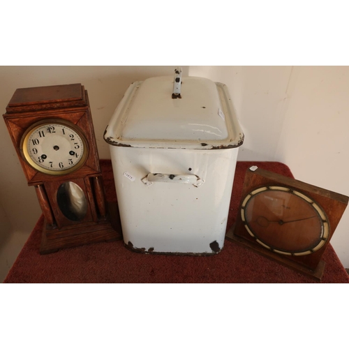 114 - Large enamel bread bin, an early 20th C mantel clock  and an oak cased mantel clock (3)