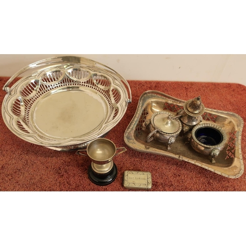 12 - Box containing a selection of various silver plate including three piece Cruet set, a bonbon dish, t... 