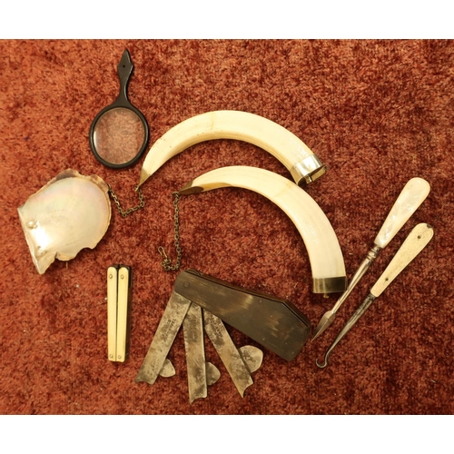 122 - Two mounted wild boar tusks, a horn and brass fleem by Borwick, button hook, magnifying glass etc