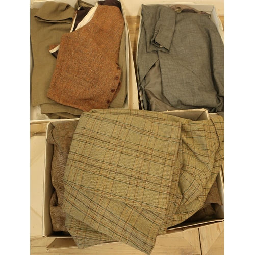 163 - Selection of quality gentlemans vintage clothing including a tweed waistcoat, overcoat, tweed jacket... 