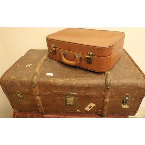 172 - Vintage wooden bound travelling trunk with stencilled painted detail and Stork logo with various lug... 