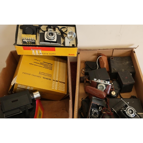 19 - Two boxes of various vintage cameras and cine cameras including Kodak No. 1 pocket camera, AGFA Isol... 