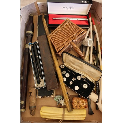 25 - Selection of various pens, cut-throat razors, penny whistles, pen knives etc