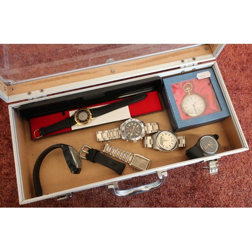 250 - Aluminium display type case with a selection of various gents wristwatches, pocket watch etc