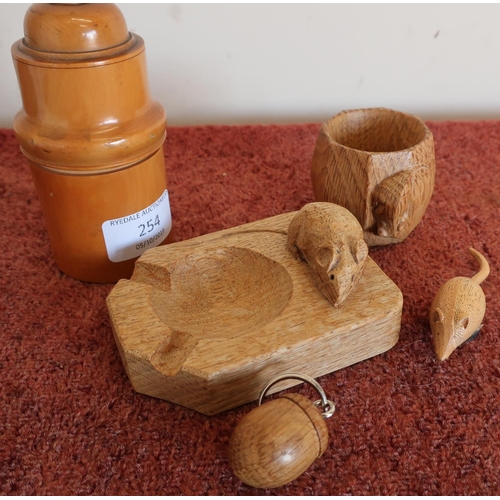 254 - Tureen canister with turn off top, a Robert Thompson 'Mouseman' oak napkin ring and ashtray, carved ... 