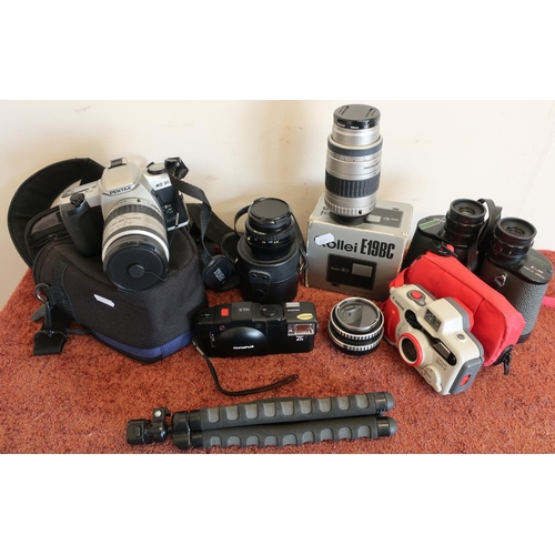 258 - Quantity of camera equipment including a Pentax MZ-30, various lenses, flashes and other cameras