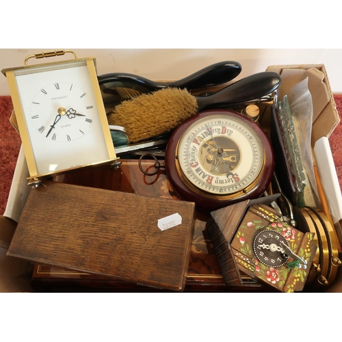 261 - Wall barometer, carved wood box, carriage type clock, dressing table brushes, candlesticks and other... 