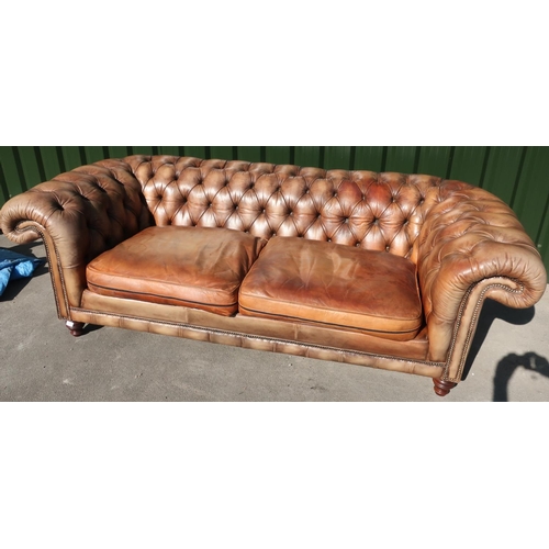 286 - Superb quality Victorian style tan leather deep button back Chesterfield style sofa (width 230cm)