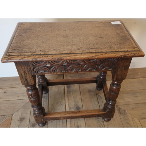 297 - Quality carved oak rectangular joint stool on four turned supports