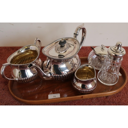 31 - Silver plated teapot, sugar bowl, milk jug etc, on a small wooden tray