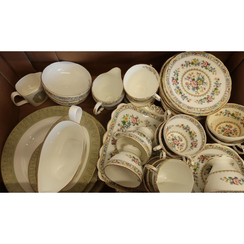 33 - Box containing a selection of Royal Doulton dinner ware, and a Foley Ming rose tea set