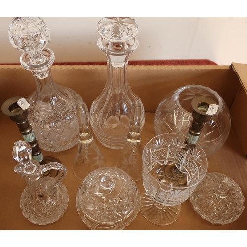 37 - Selection of various cut glass items including a glass, two bells, two decanters and a pair of Arts ... 