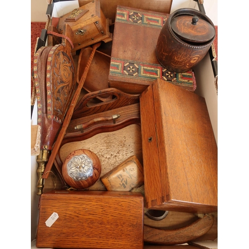 41 - Box containing a selection of wooden items including correspondence boxes, bellows, wooden trays, cl... 