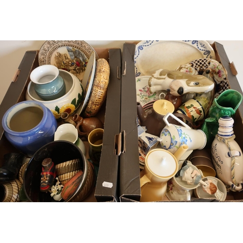 45 - Two boxes of various decorative ceramics including a Royal Doulton plate, a Delft windmill etc