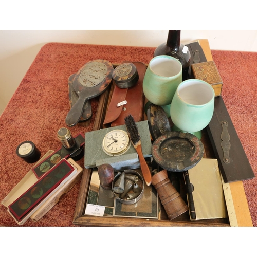 49 - Selection of various items including tortoiseshell back brushes, engineers rule, magic lantern slide... 