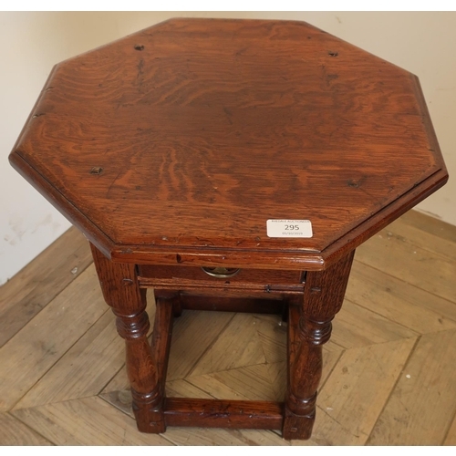 295 - Quality oak reproduction octagonal top occasional table with single drawer on four turned supports w... 