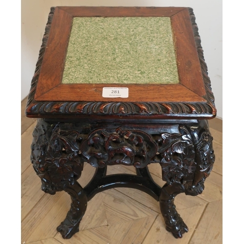 281 - Carved Chinese hardwood square topped jardiniere stand with inset panel (28cm x 28cm x 47cm)