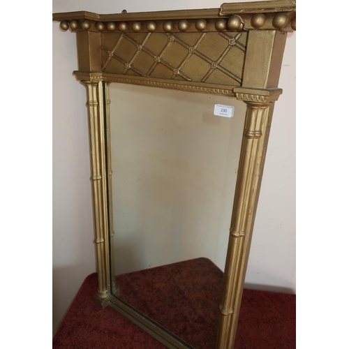 230 - 19th C gilt framed wall mirror with column supports (55cm x 88cm)