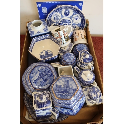 256 - Large selection of blue & white Ringtons tea jars, jugs, jardinieres, vases etc