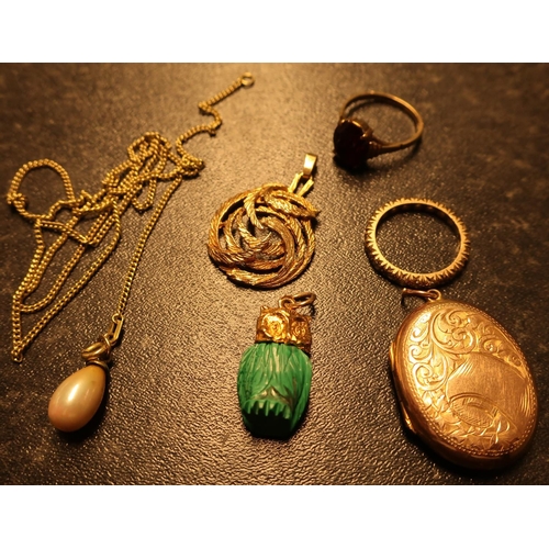 110 - 9ct gold single stone dress ring, gold pendant locket, carved hard stone & 9ct gold owl pendant and ... 