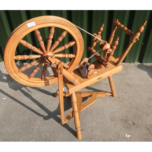 223 - Light wood spinning wheel, a tapestry frame and an expandable sewing box (3)