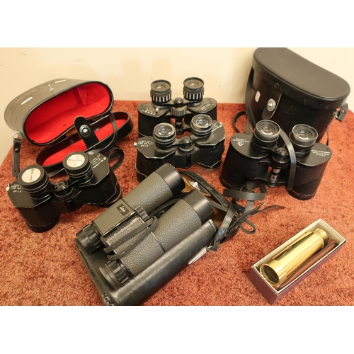 307 - Selection of various assorted binoculars and a modern brass telescope, binoculars including Swift Ja... 