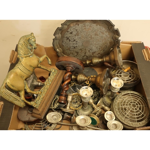 309 - Large selection of various plated ware, horse brasses, brass candlesticks, a 19th C cast metal and b... 