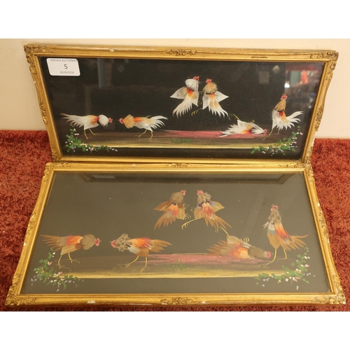 5 - Pair of early 20th C gilt framed rectangular Japanese cock fighting pictures, each with painted and ... 