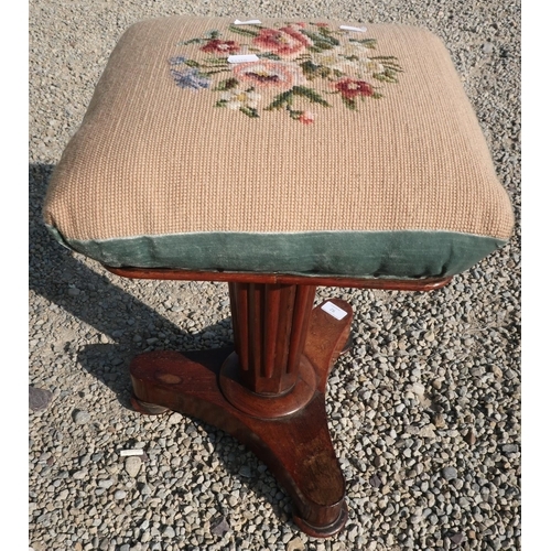 92 - Victorian rosewood square top dressing table stool with wool-work top and fluted column