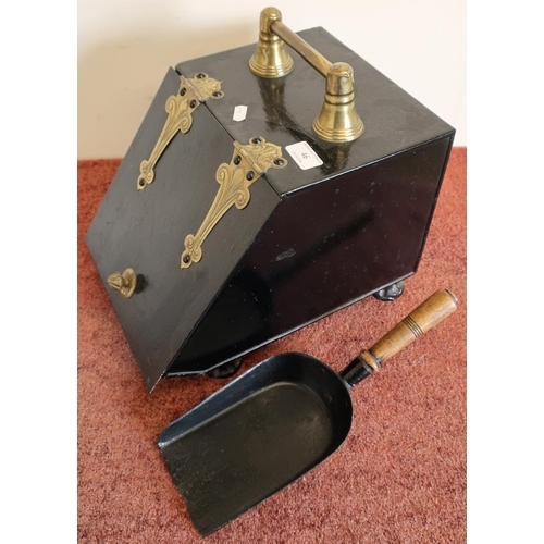 46 - Metal and brass bound coal scuttle with shovel