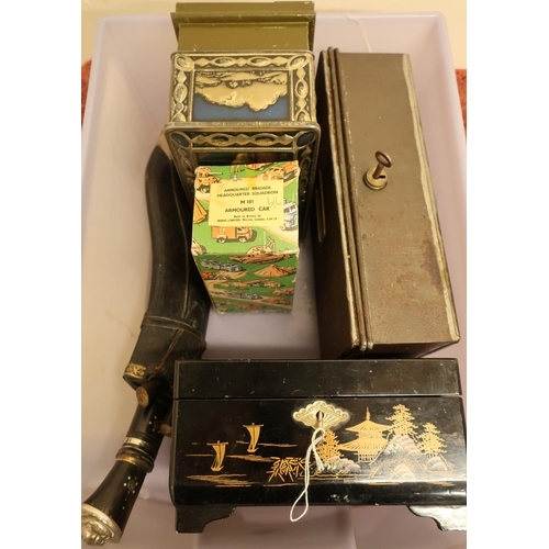 74 - Decorative Kukri type knife, a boxed Tri-ang armoured car, various tins, cash boxes, lacquered jewel... 