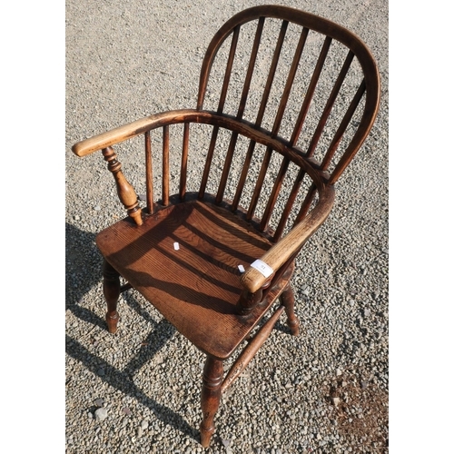 91 - Elm stick back Windsor armchair on turned supports and H shaped understretcher